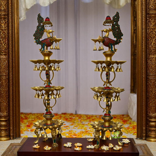 Diya stand three floor in brass with decorative work set of 2