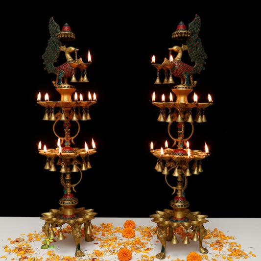 Diya stand three floor in brass with decorative work set of 2