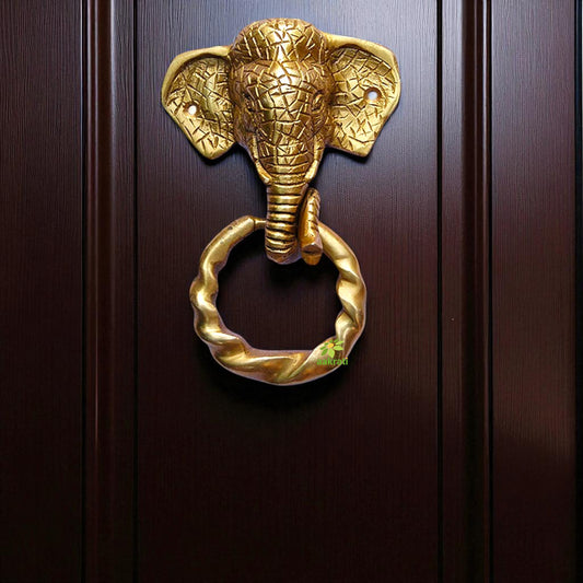 Elegant Brass Handmade Antique Door Knocker | Stylish Handcrafted Entrance Art | Brass Elephant Shape Antique Door Knocker ( Yellow, 6 inch)