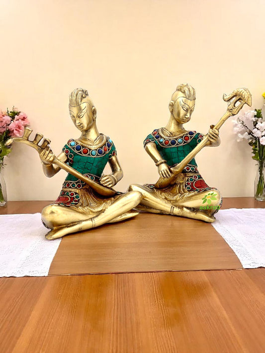 Turquoise Tribal Musician Figurine With Stone Work Set of 2 Pcs