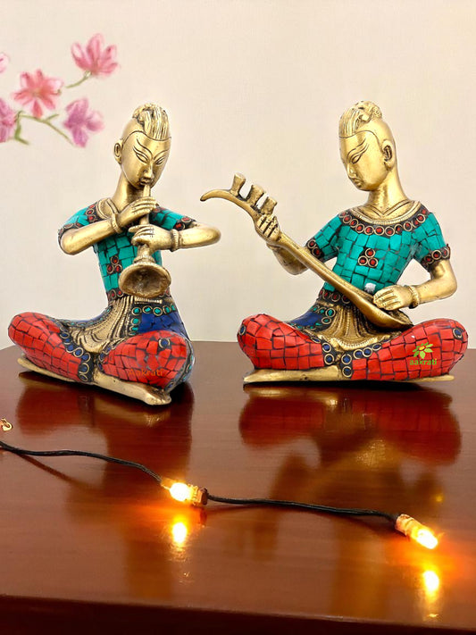 Musican Set Sculpture with turquoise Coral stone set of 2 pcs