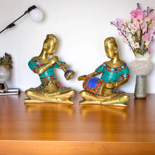 Home Decor Indian Art Brass Musician Figurine with stone work