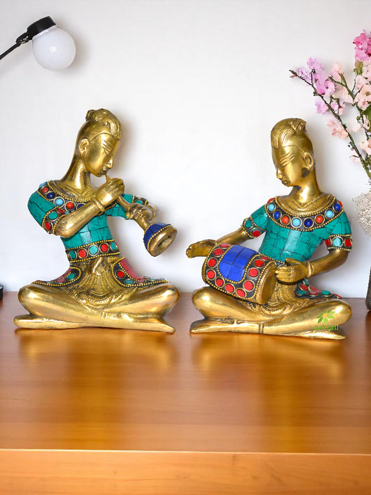 Home Decor Indian Art Brass Musician Figurine with stone work