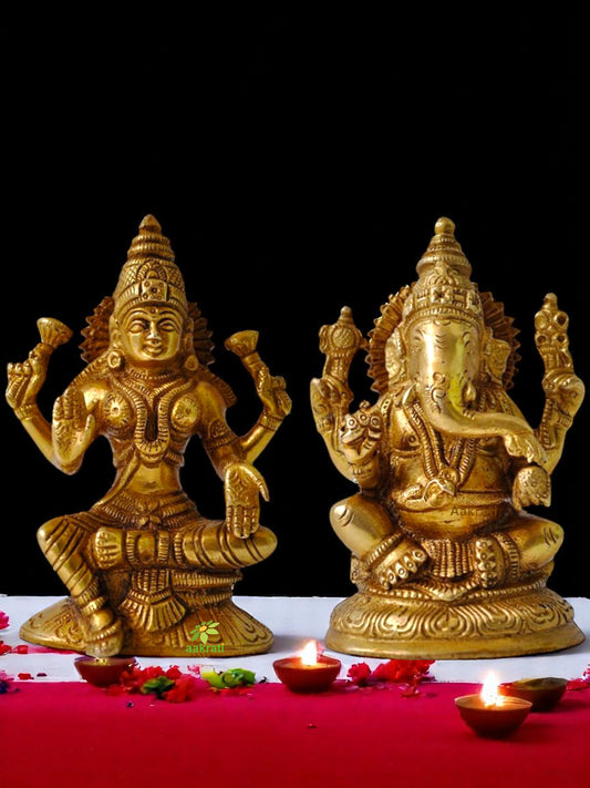 Brass Lakshmi Ganesha Set | Elegant Small Murtis for Spiritual Home Decor | Lakshmi Ganesha Brass Murti ( Yellow, 5 inch)