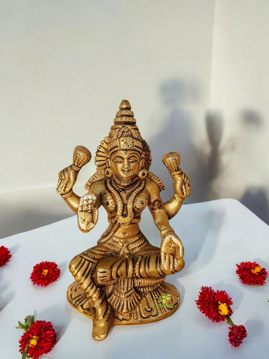 Brass Lakshmi Handmade Statue | Divine Idol for Housewarming Blessings & Home Decor | Brass Lakshmi Murti ( Yellow, 5 inch)