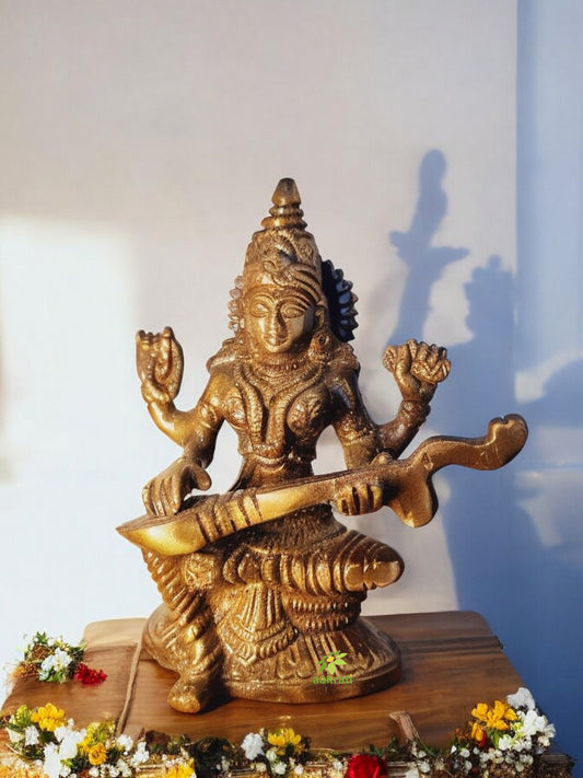 Handcrafted Brass Saraswati Idol | Enhance Your Home with Divine Knowledge | Brass Saraswati Murti ( Yellow, 6 inch)
