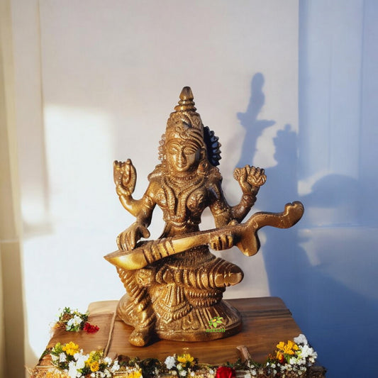 Handcrafted Brass Saraswati Idol | Enhance Your Home with Divine Knowledge | Brass Saraswati Murti ( Yellow, 6 inch)