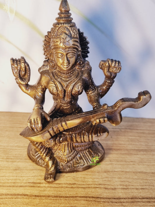 Handcrafted Brass Saraswati Idol | Enhance Your Home with Divine Knowledge | Brass Saraswati Murti ( Yellow, 6 inch)