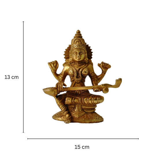 Brass Saraswati Murti | Beautiful Home Decor for Knowledge and Prosperity | Brass Sarawati Figurine ( Yellow, 6 inch)