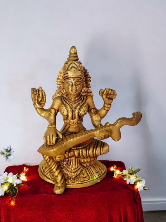 Brass Saraswati Murti | Beautiful Home Decor for Knowledge and Prosperity | Brass Sarawati Figurine ( Yellow, 6 inch)