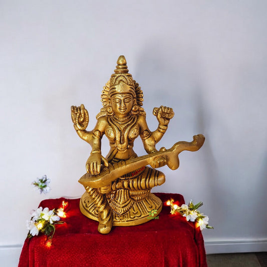 Brass Saraswati Murti | Beautiful Home Decor for Knowledge and Prosperity | Brass Sarawati Figurine ( Yellow, 6 inch)