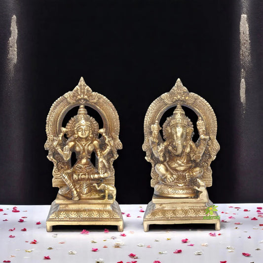 Sacred Brass Lakshmi Ganesha Pair | Handcrafted Murtis for Temple and Worship Space | Brass Lakshmi Ganesha Murti Set ( Yellow, 7 inch)