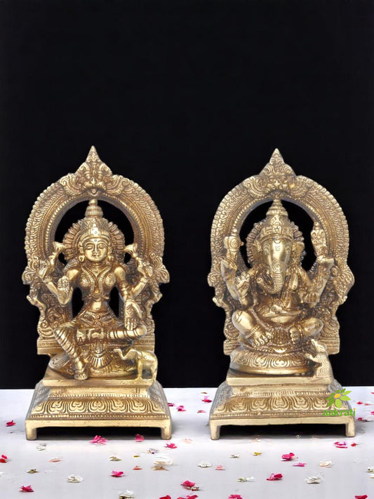 Sacred Brass Lakshmi Ganesha Pair | Handcrafted Murtis for Temple and Worship Space | Brass Lakshmi Ganesha Murti Set ( Yellow, 7 inch)