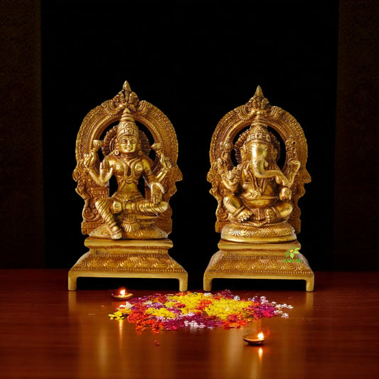 Brass Lakshmi Ganesha Pair Idol | Divine Blessings for Your Home Temple | Handmade Laxmi Ganesha Murti Showpiece ( Yellow, 7 inch)