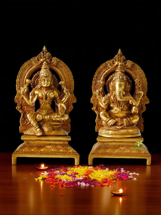 Brass Lakshmi Ganesha Pair Idol | Divine Blessings for Your Home Temple | Handmade Laxmi Ganesha Murti Showpiece ( Yellow, 7 inch)