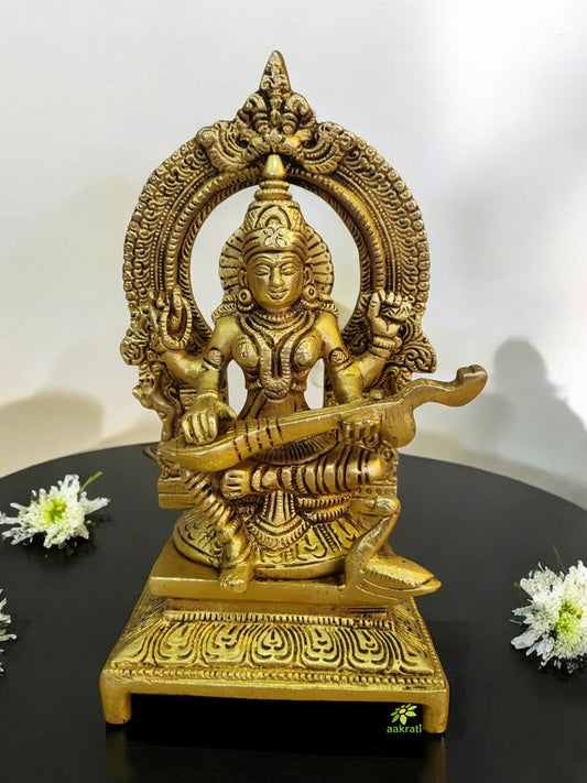 Traditional Brass Saraswati Idol | Perfect Home Decor for Wisdom, Learning, and Arts | Handmade Saraswati Murti ( Yellow, 7 inch)