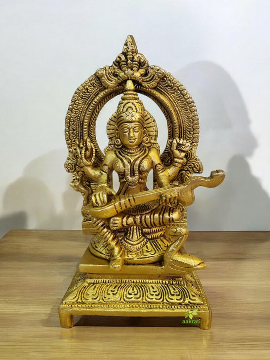 Traditional Brass Saraswati Idol | Perfect Home Decor for Wisdom, Learning, and Arts | Handmade Saraswati Murti ( Yellow, 7 inch)