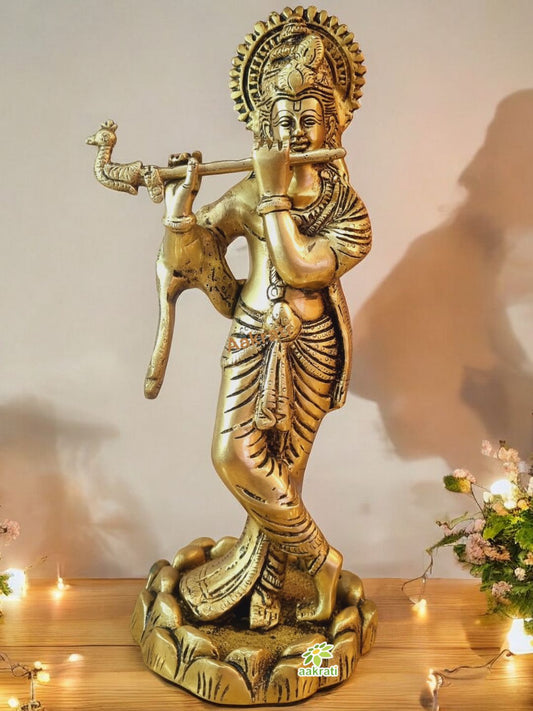 Handmade Brass Krishna Murti | Divine Idol for Home & Pooja Room | Brass Krishna Murti ( Yellow, 11.5 inch)