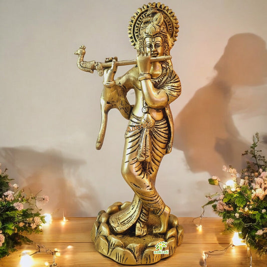 Handmade Brass Krishna Murti | Divine Idol for Home & Pooja Room | Brass Krishna Murti ( Yellow, 11.5 inch)
