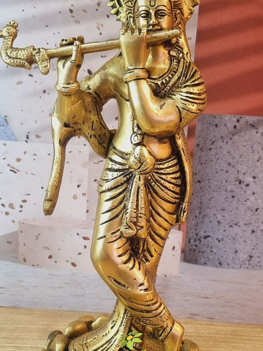 Handmade Brass Krishna Murti | Divine Idol for Home & Pooja Room | Brass Krishna Murti ( Yellow, 11.5 inch)