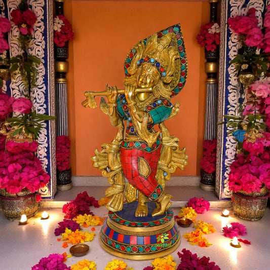 Krishna Statue Made in Brass Metal with turquoise stone finish By Aakrati