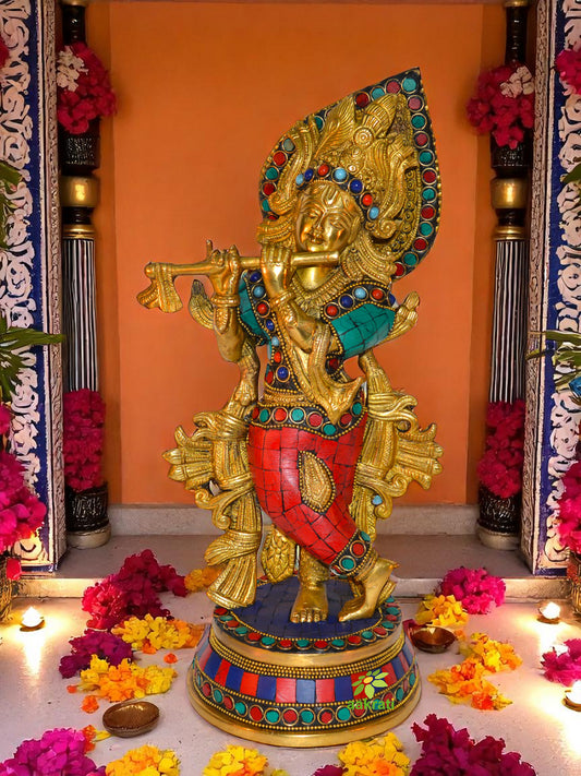 Krishna Statue Made in Brass Metal with turquoise stone finish By Aakrati