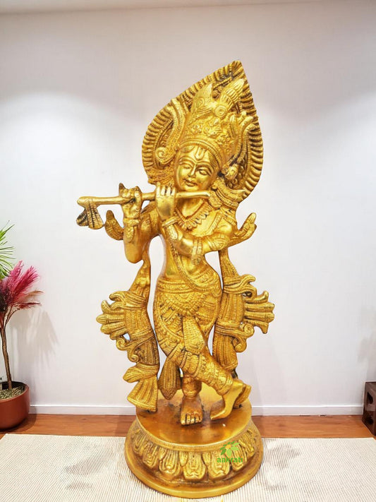 Handmade Brass Krishna Idol | Artistic Religious Idol for Spiritual Spaces and Home | Brass Krishna Murti ( Yellow, 13 inch)