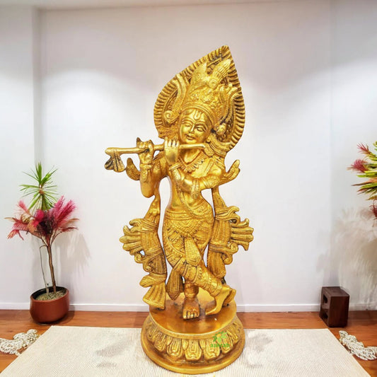 Handmade Brass Krishna Idol | Artistic Religious Idol for Spiritual Spaces and Home | Brass Krishna Murti ( Yellow, 13 inch)