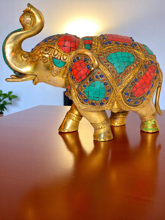 Decorative Gift of Brass made elephant with turquoise coral stone work by Aakrati