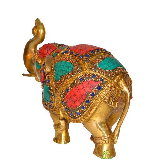 Decorative Gift of Brass made elephant with turquoise coral stone work by Aakrati