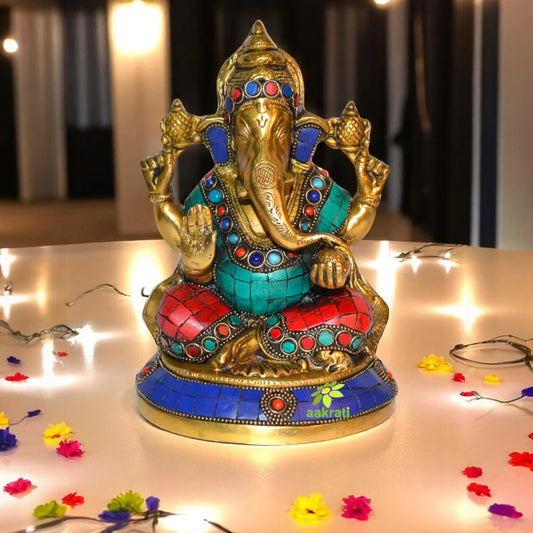 Lord Ganpati Religious Sculpture with Stone Turquoise Work for Temple by Aakrati