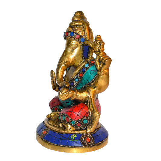 Lord Ganpati Religious Sculpture with Stone Turquoise Work for Temple by Aakrati