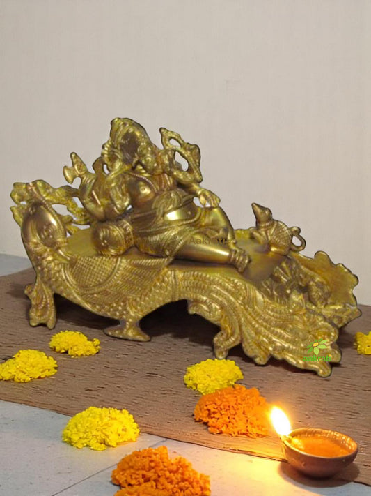 Handmade Royal Brass Ganesha Murti | Divine Showpiece for Luxury Home Decoration | Brass Ganpati Idol In Sitting Position ( Yellow, 10 inch)
