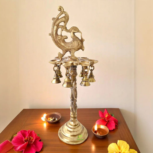Brass Peacock Diya Stand | Spiritual Diya Stand for Festival Celebrations | Handcrafted Brass Peacock Diya ( Yellow, 17 inch)