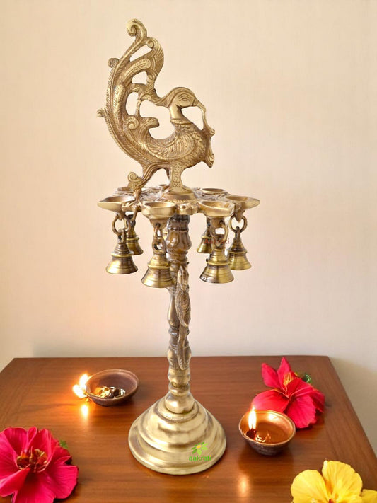Brass Peacock Diya Stand | Spiritual Diya Stand for Festival Celebrations | Handcrafted Brass Peacock Diya ( Yellow, 17 inch)