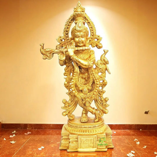 Decorative Brass Krishna Murti | Handcrafted Divine Idol for Home & Temple | ( Yellow, 15 inch)