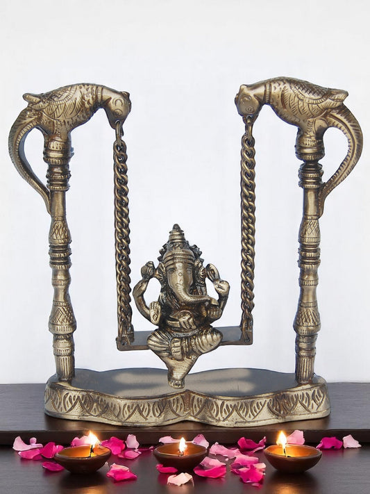Handcrafted Brass Ganesha Sitting on Jhula | Brass Ganesha Showpiece for Home Decoration ( Yellow, 8 inch)