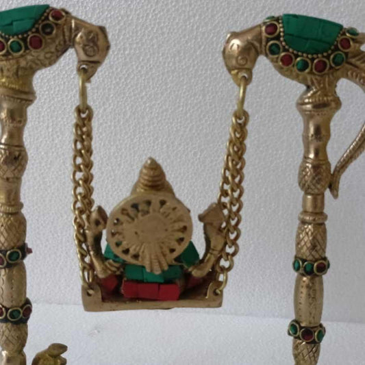 Lord Ganesh Brass metal Lord idol Sculpture on Swing with stone work