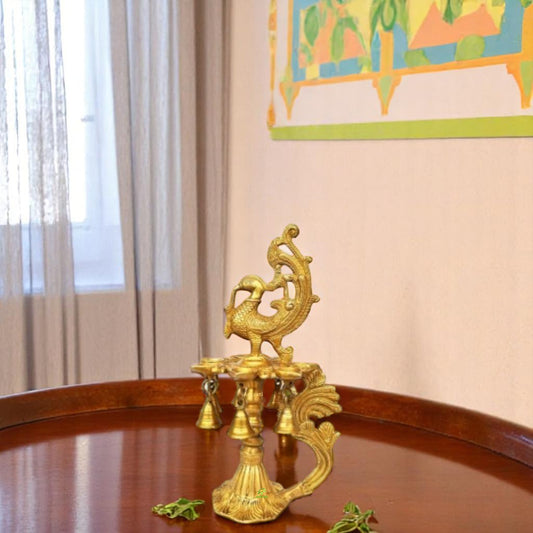 Brass Peacock Oil Lamp with Bell | Beautiful Handcrafted Diya for Festivals | Handmade Brass Diya Stand for Home Temple ( Yellow, 16 inch)
