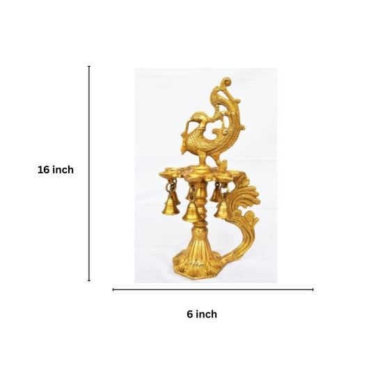 Brass Peacock Oil Lamp with Bell | Beautiful Handcrafted Diya for Festivals | Handmade Brass Diya Stand for Home Temple ( Yellow, 16 inch)