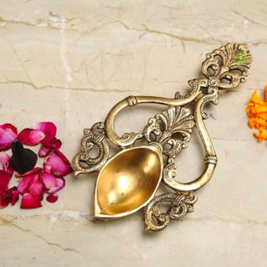Brass Pooja Hawan Spoon | Decorative Spoon for Spiritual Hawan Rituals and Pooja | Brass Handmade Hawan Spoon ( Yellow, 8 inch )