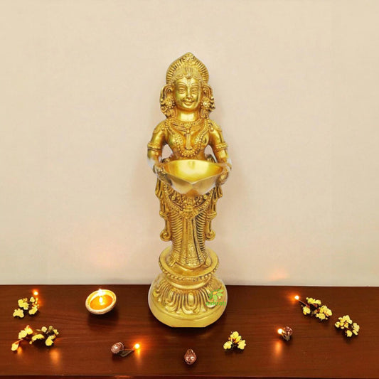 Brass Deep Laxmi Oil Lamp | Decorative Spiritual Lamp for Diwali and Pooja | Deep Laxmi Brass Oil Lamp ( Yellow, 14 inch)