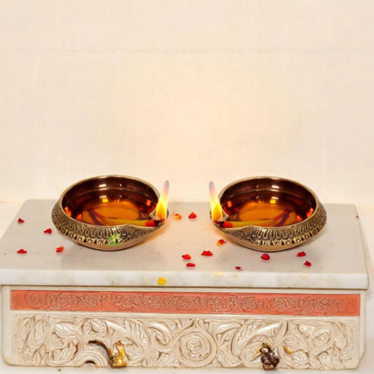 Handmade Indian Puja Brass Oil Lamp - Diya Lamp Engraved Design Dia - 3 inch (Set of 2)