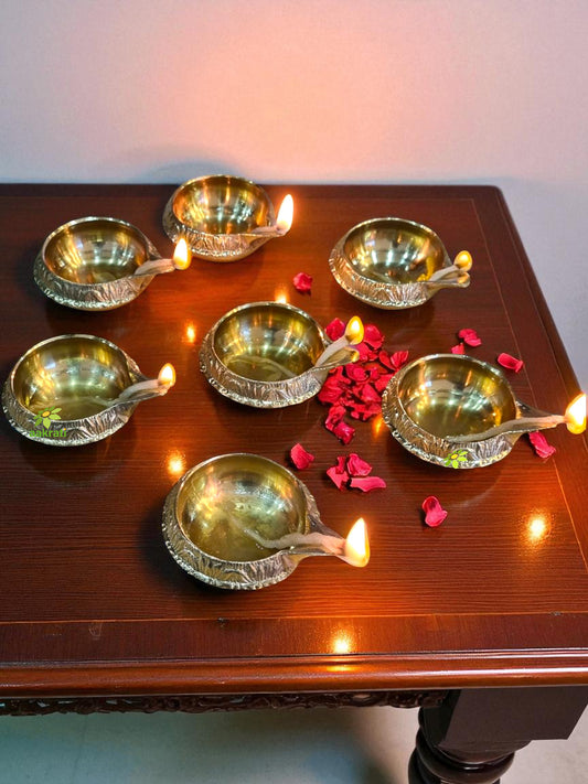 Handmade Indian Puja Brass Oil Lamp - Diya Lamp Engraved Design Dia - 3 inch (Set of 7)