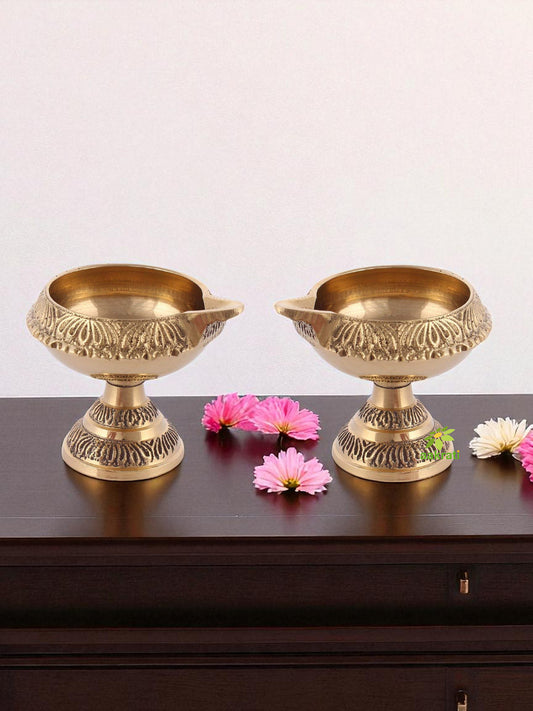 Aakrati Pure Brass Handcrafted Diwali Kuber Deepak On Stand Diya Oil Lamp For Puja Home Decor Pack of 2