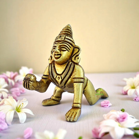 Brass Laddu Gopal Idol | Perfect for Home and Temple | Brass Laddu Gopal Showpiece ( Yellow, 3.1)