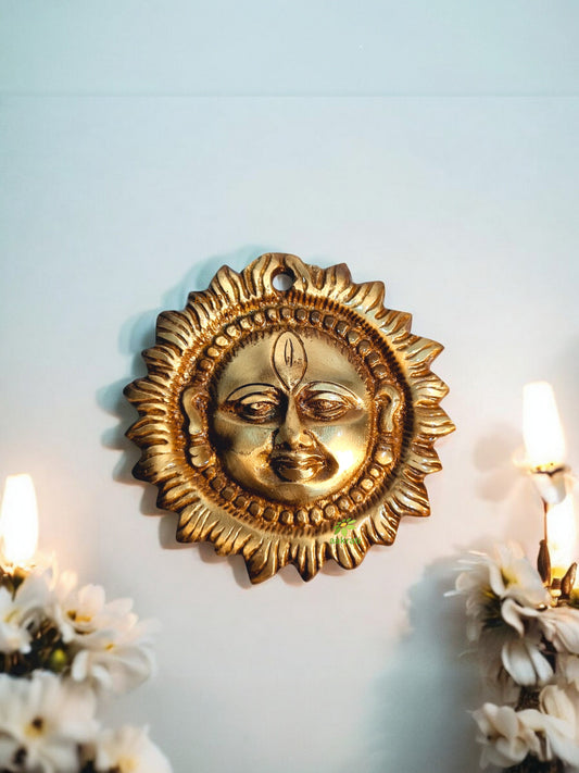 Brass Sun God Face Wall Hanging | Ideal for Festive & Everyday Décor | Antique Finish Brass Sun Face ( Yellow, 3.6 inch)