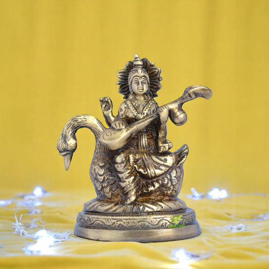 Brass Saraswati Murti Sitting on Swan | Divine Idol for Home Decor and Spiritual Blessings | Antique Saraswati Statues ( Brown, 5 inch)