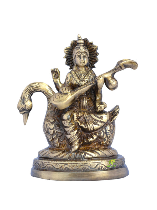 Brass Saraswati Murti Sitting on Swan | Divine Idol for Home Decor and Spiritual Blessings | Antique Saraswati Statues ( Brown, 5 inch)
