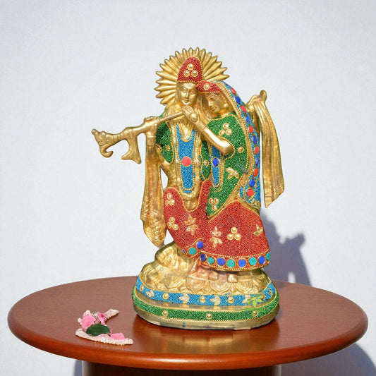 Gift in metal brass with stone work hindu religious Radha krishna scultpure